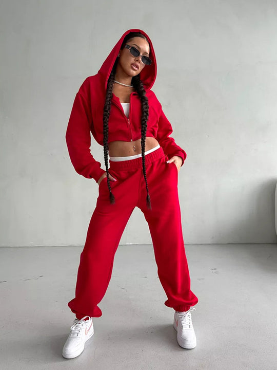 Damen moderner Cropped Hoodie und weite Jogginghose Set Heidi-Mode