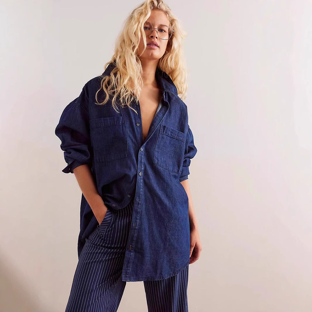 Damen Oversized Jeanshemd mit aufgesetzten Taschen Heidi-Mode