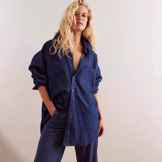 Damen Oversized Jeanshemd mit aufgesetzten Taschen Heidi-Mode