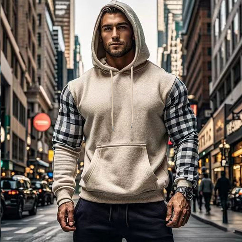 Herren Hoodie mit karierten Ärmeln und Kängurutasche Heidi-Mode