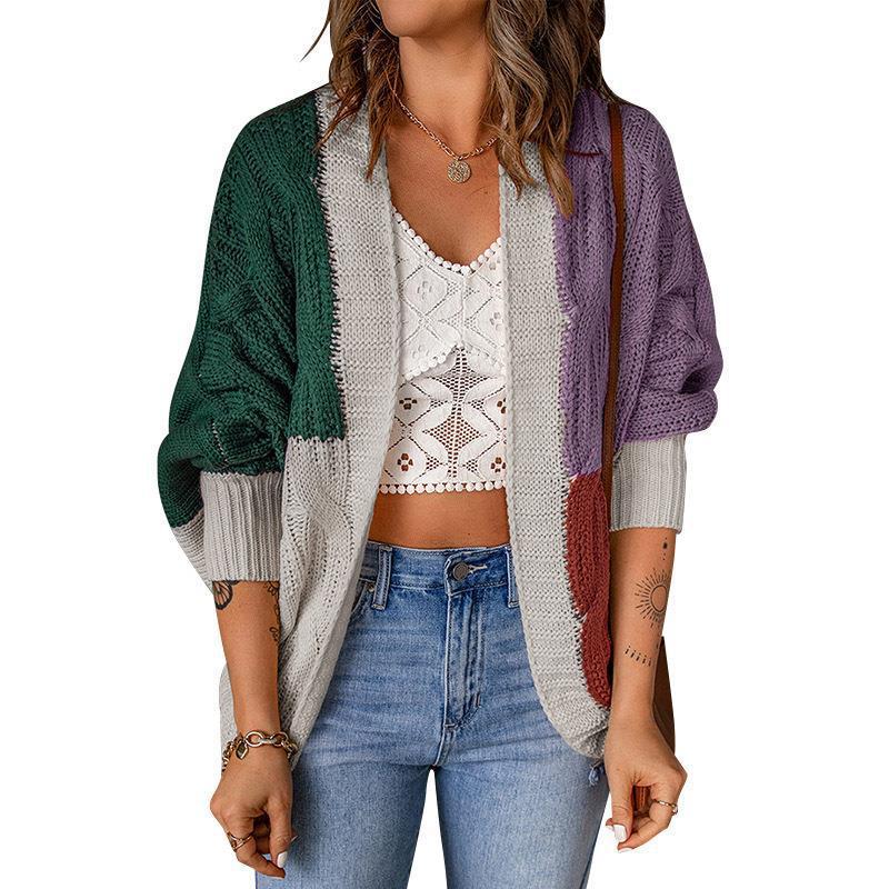 Damen lässige Strickjacke mit buntem Patchwork-Design und weitem Schnitt Heidi-Mode