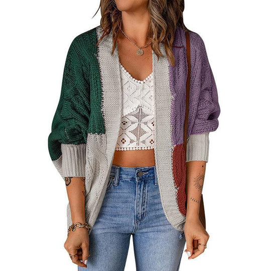 Damen lässige Strickjacke mit buntem Patchwork-Design und weitem Schnitt Heidi-Mode