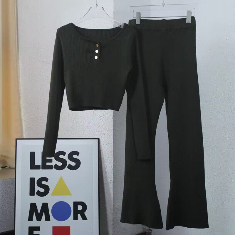 Damen lässiges Strick-Loungewear-Set mit Knopfdetails und weitem Bein Heidi-Mode