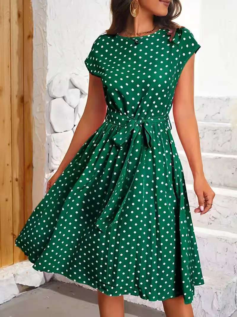 Damen Midikleid mit taillierendem Bindegürtel und verspieltem Polka-Dots Design Heidi-Mode