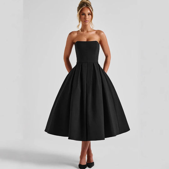 Damen Elegantes Midi-Kleid mit schwingendem Rock und raffiniertem Bandeau-Ausschnitt Heidi-Mode