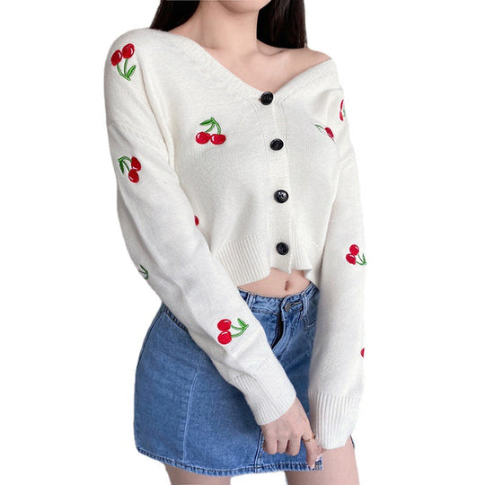 Damen Strickjacke mit verspieltem Kirschmotiv und knöpfbarem Design Heidi-Mode