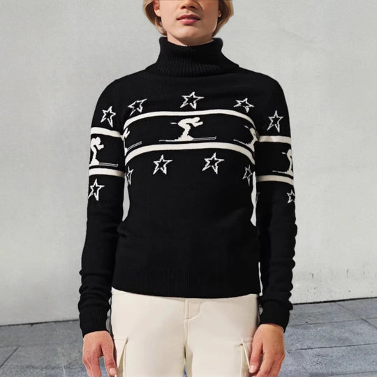 Damen Rollkragenpullover mit Skimotiv und Sternen Heidi-Mode