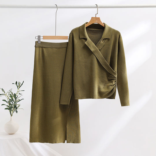 Damen elegantes Strickensemble mit Wickeloberteil und raffinierter hoher Taillierung Heidi-Mode