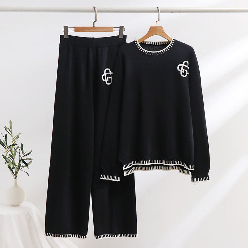 Damen lässiges Strick-Loungewear-Set mit dekorativen Kontrastdetails Heidi-Mode
