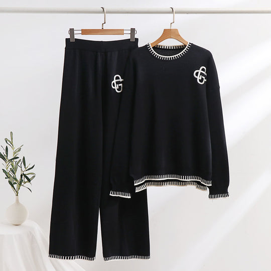 Damen lässiges Strick-Loungewear-Set mit dekorativen Kontrastdetails Heidi-Mode