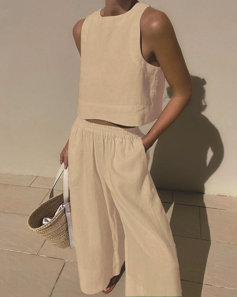 Damen luftiges und modernes Leinen-Set mit Cropped Top und weitem Hose Heidi-Mode