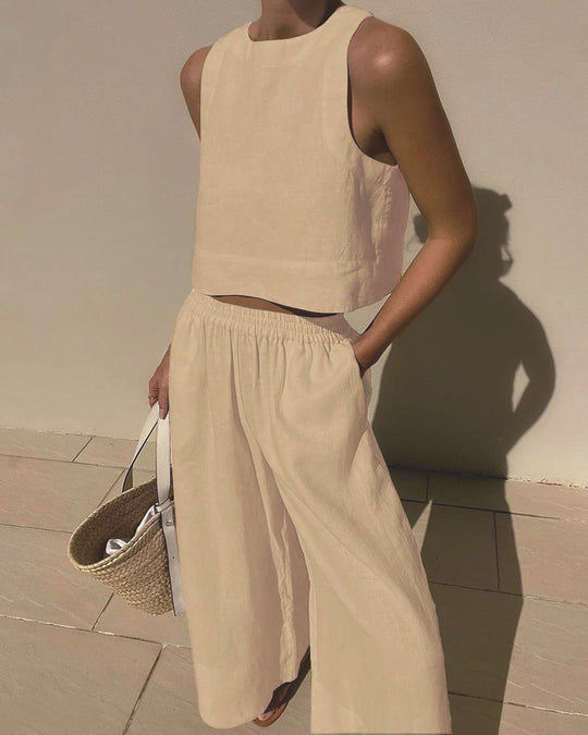 Damen luftiges und modernes Leinen-Set mit Cropped Top und weitem Hose Heidi-Mode