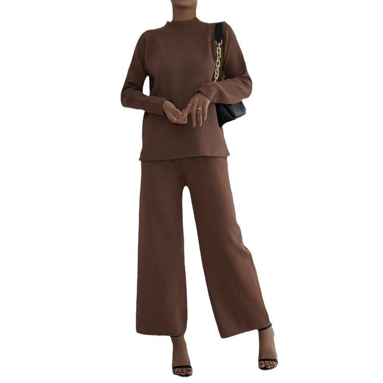 Damen elegantes und lässiges Strick-Loungewear-Set mit hohem Kragen und weiten Beinen Heidi-Mode