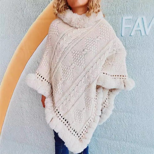 Damen Strickponcho mit dekorativem Kragen und gefüttertem Saum Heidi-Mode