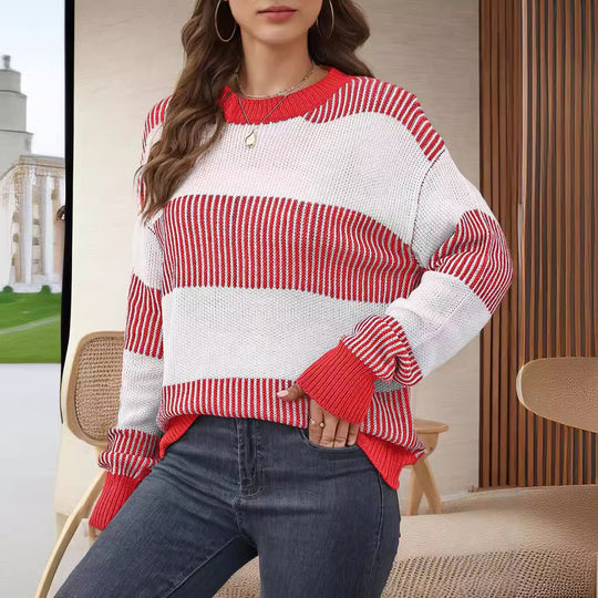 Damen gestreifter Strickpullover mit weitem Schnitt Heidi-Mode