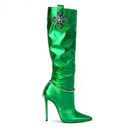 Damen Slouchy Stiletto Oberschenkelhohe Stiefel mit dekorativem Akzent Heidi-Mode