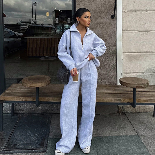 Damen bequemer Fleece-Athleisure-Anzug mit Stehkragen und Reißverschluss Heidi-Mode
