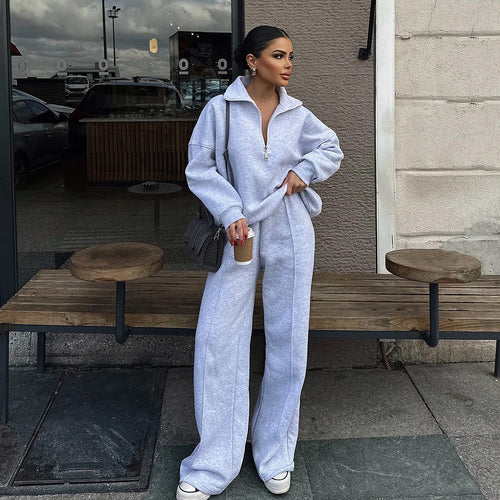 Damen bequemer Fleece-Athleisure-Anzug mit Stehkragen und Reißverschluss Heidi-Mode