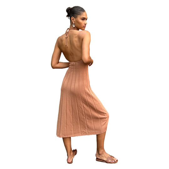 Damen Maxi-Strickkleid mit schicker Rippstruktur und hohem Kragen Heidi-Mode