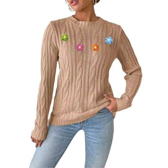 Damen Strickpullover mit floralen Akzenten und raffiniertem Zopfmuster Heidi-Mode