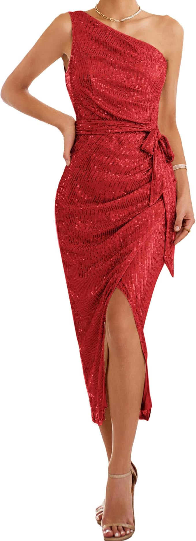 Damen asymmetrisches Abendkleid mit Pailletten und hohem Schlitz Heidi-Mode