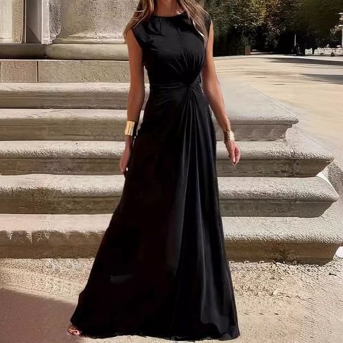 Damen Elegantes Maxikleid mit Raffungen und Rundhalsausschnitt Heidi-Mode