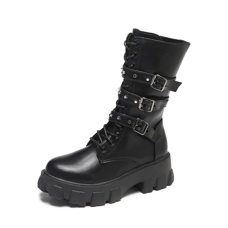 Damen High-Top Schnürstiefel mit verstellbaren Riemen und griffiger Sohle Heidi-Mode