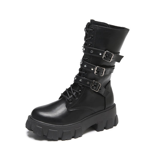 Damen High-Top Schnürstiefel mit verstellbaren Riemen und griffiger Sohle Heidi-Mode