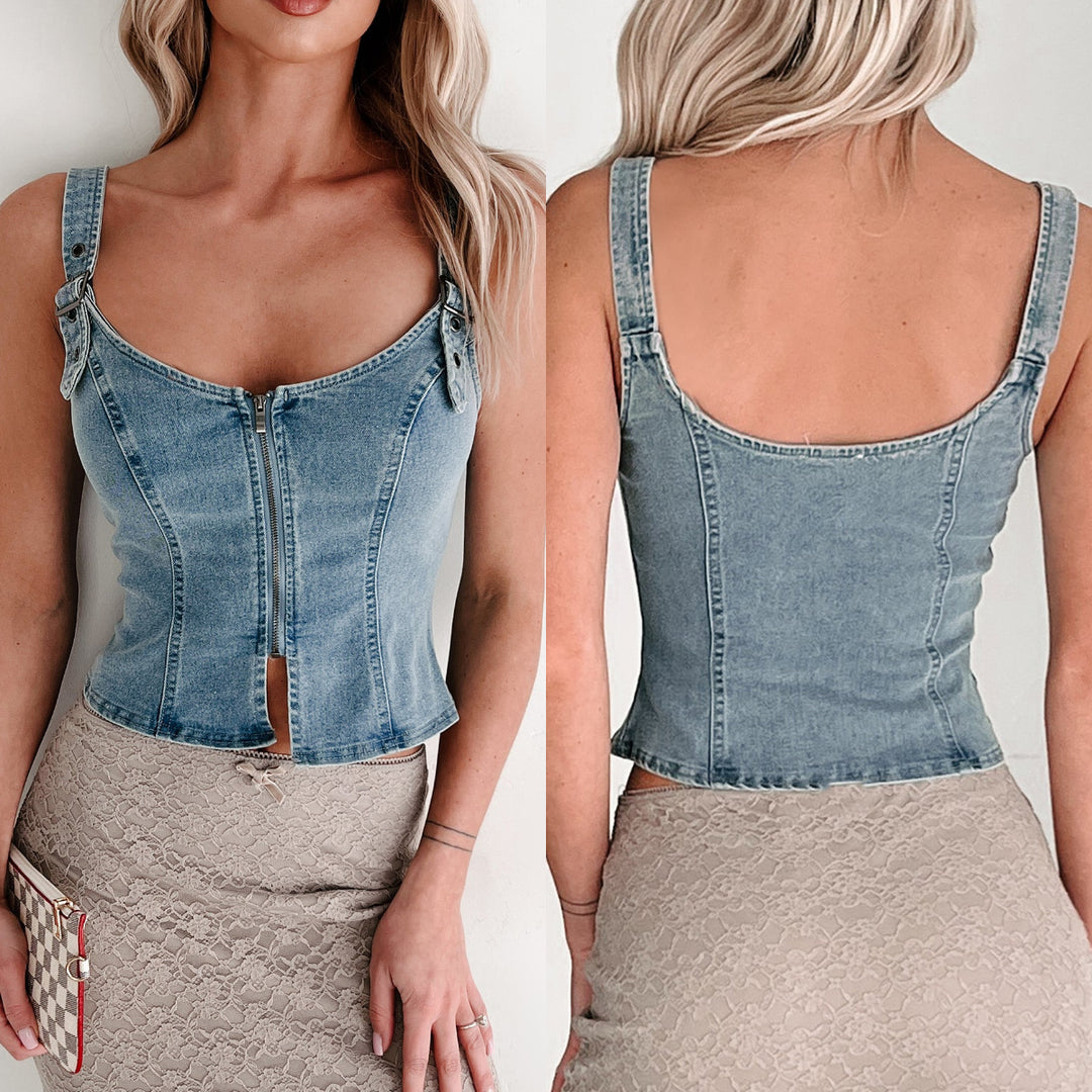 Damen Denim-Corsage mit Reißverschluss und verstellbaren Trägern Heidi-Mode