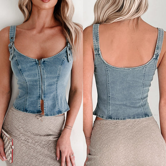 Damen Denim-Corsage mit Reißverschluss und verstellbaren Trägern Heidi-Mode