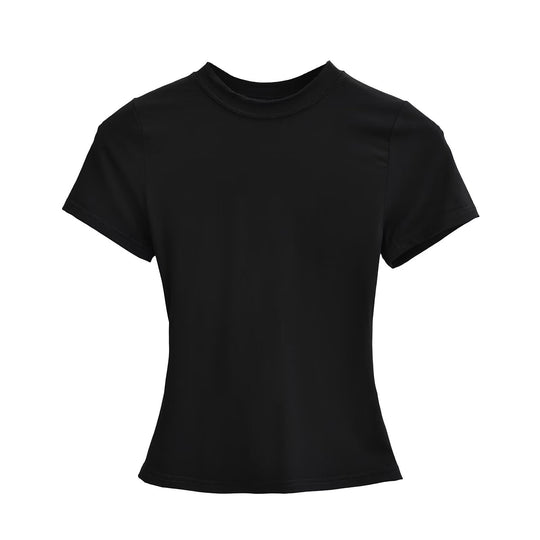 Damen Kurzarm T-Shirt mit hochgeschlossenem Kragen und figurbetontem Schnitt Heidi-Mode