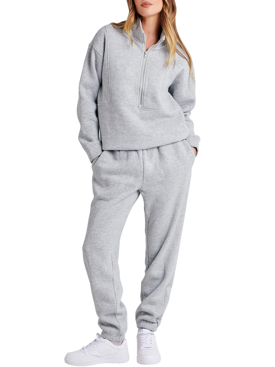 Damen Sportlicher Fleece-Jogginganzug mit halbem Reißverschluss Heidi-Mode