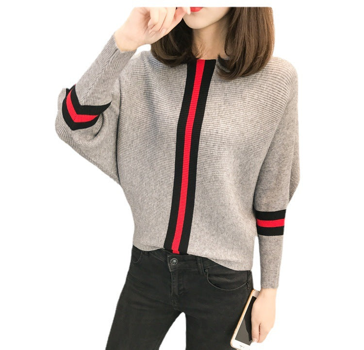 Damen sportlicher Strickpullover mit breiten Ärmeln und kreativen Streifen Heidi-Mode