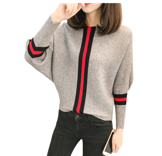 Damen sportlicher Strickpullover mit breiten Ärmeln und kreativen Streifen Heidi-Mode