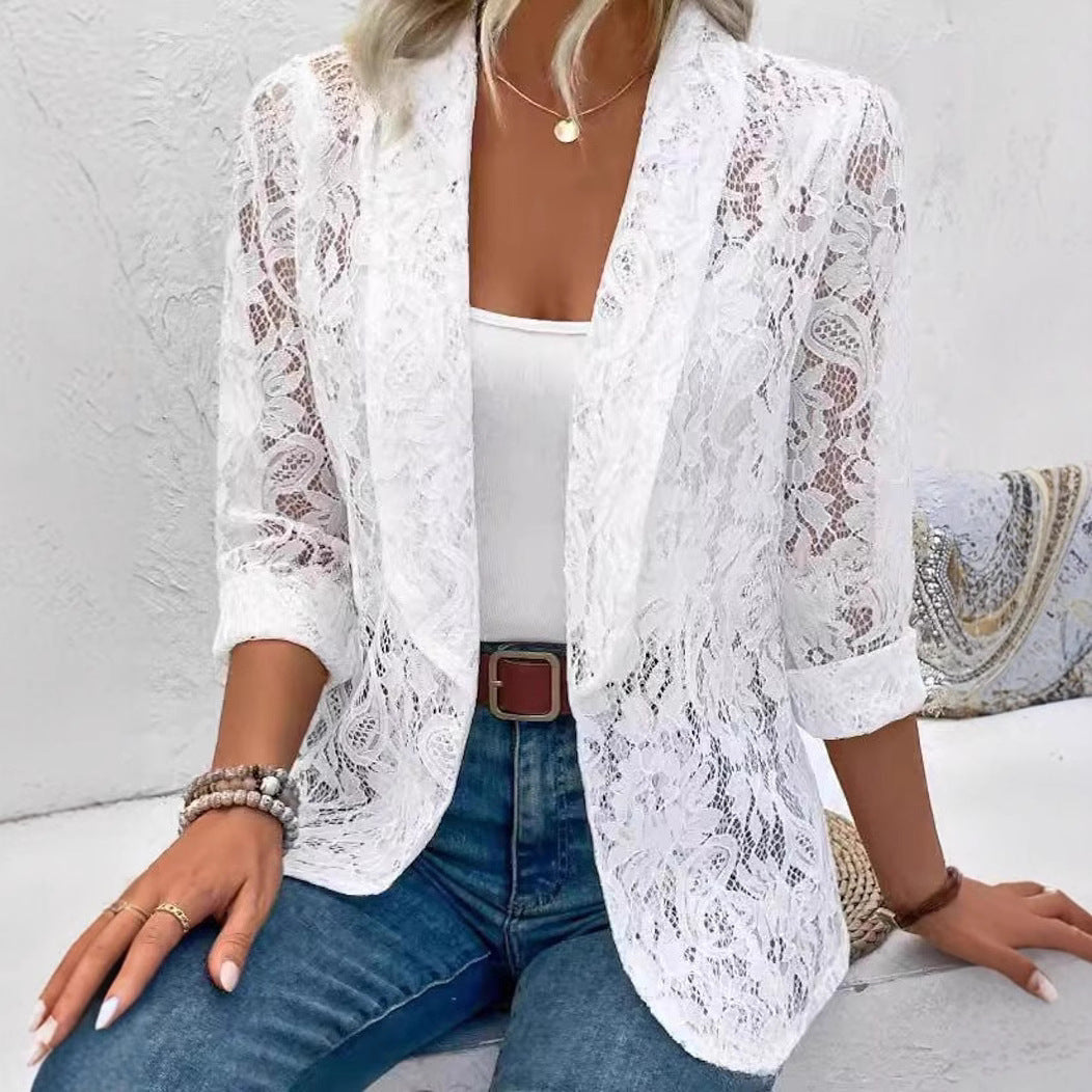 Damen Spitzenblazer mit feinen Details und lässigem Schnitt Heidi-Mode