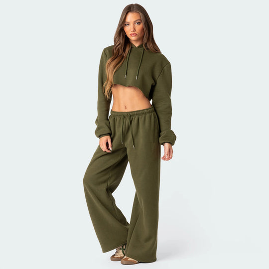 Damen Sportliches Cropped Hoodie und weite Jogginghose Set Heidi-Mode