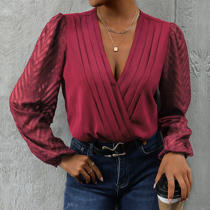 Damen Wickelbluse mit feinen Plissee-Details und transparenten Ärmeln Heidi-Mode