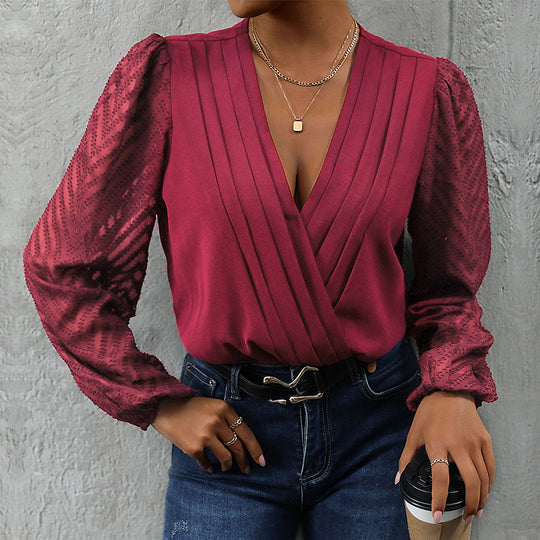 Damen Wickelbluse mit feinen Plissee-Details und transparenten Ärmeln Heidi-Mode