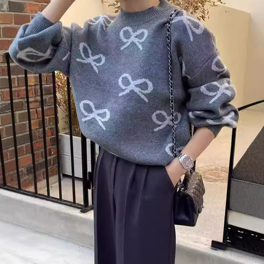 Damen Weicher Pullover mit romantischem Schleifenmuster Heidi-Mode