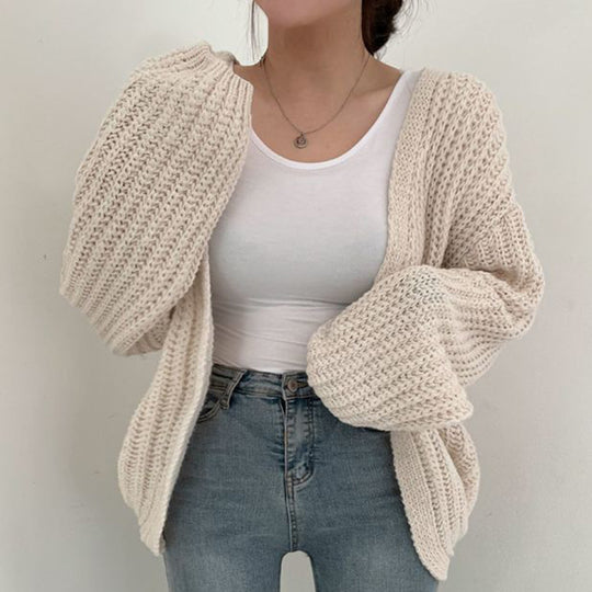 Damen Grobstrick Cardigan mit lässigem Schnitt und voluminösen Ärmeln Heidi-Mode