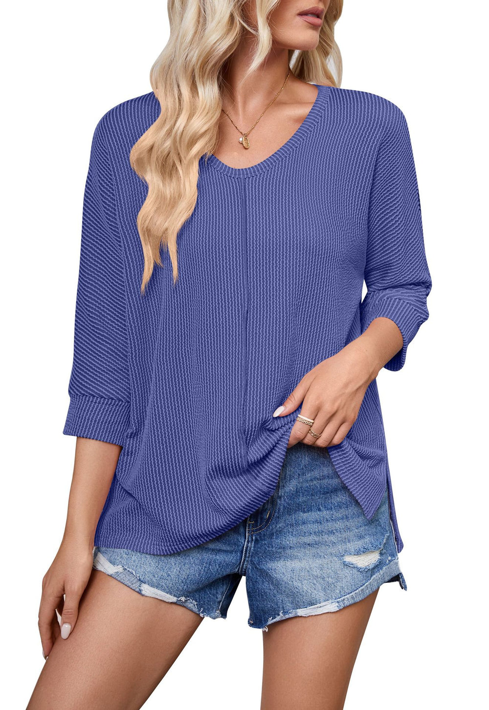 Damen lässiges V-Neck Oberteil mit strukturiertem Design und lockerer Passform Heidi-Mode