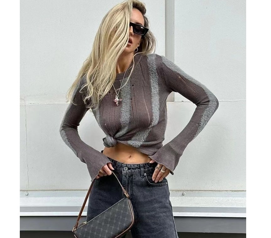 Damen modisches Strickoberteil mit elegantem Knoten und schmalen Ärmeln Heidi-Mode