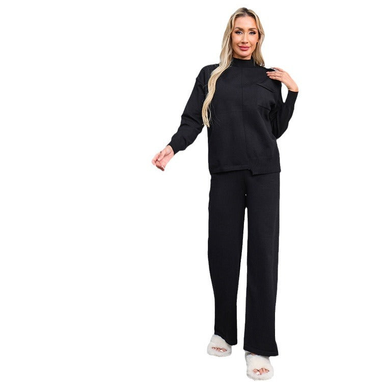 Damen gemütliches Strick-Loungewear-Set mit hohem Kragen und weitem Schnitt Heidi-Mode