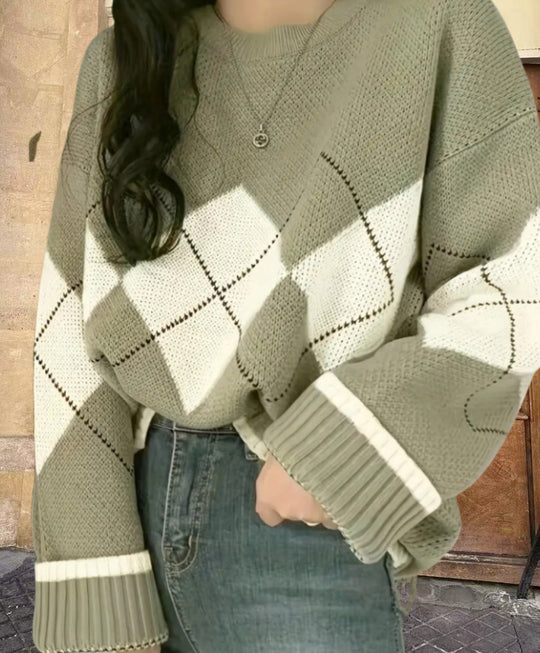 Damen Grobstrickpullover mit modernen Rautenmustern und weitem Schnitt Heidi-Mode
