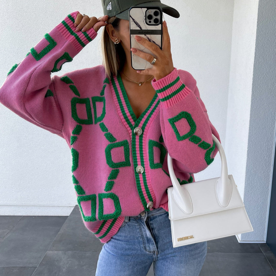 Damen lässiger Strickcardigan mit geometrischem Muster und Knopfverschluss Heidi-Mode