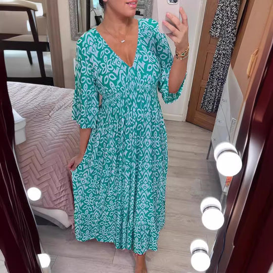 Damen Maxikleid mit schmeichelndem V-Ausschnitt und voluminösen Ärmeln Heidi-Mode