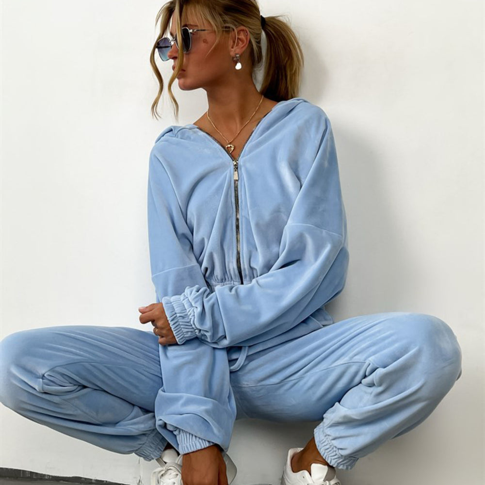Damen Fleece Freizeitanzug mit hohem Kragen und Kordelzug Heidi-Mode