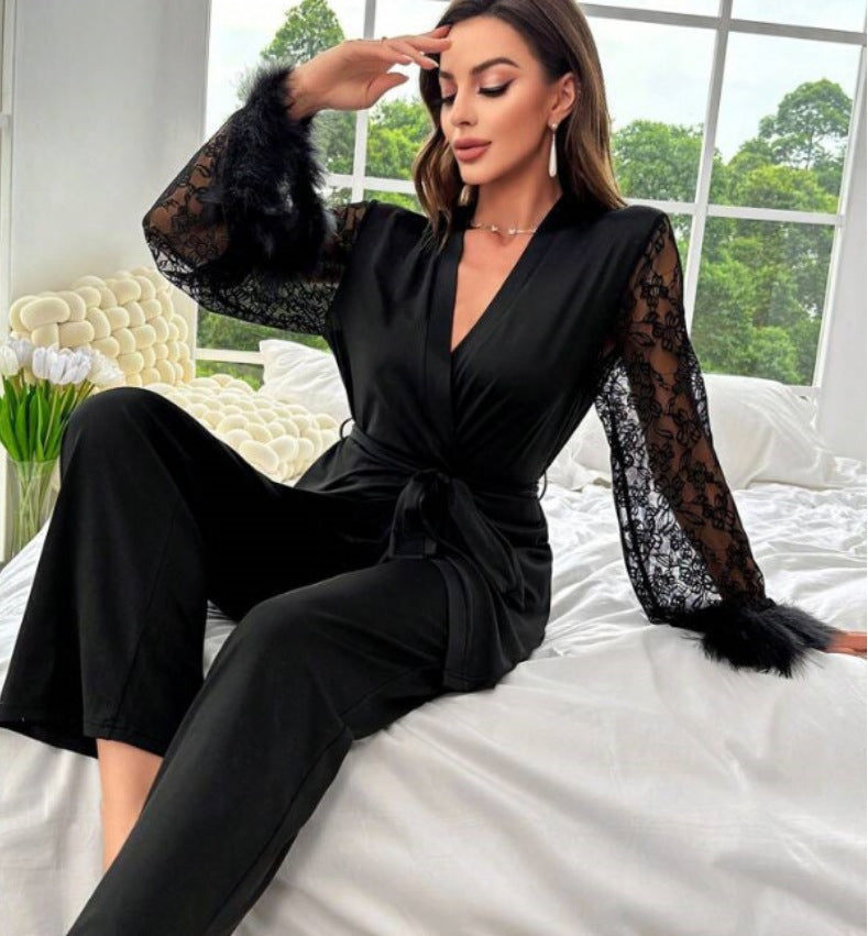 Damen elegantes Satin-Nachthemd mit Spitzenärmeln und Taillengürtel Heidi-Mode