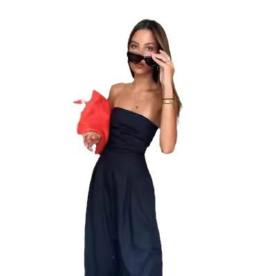 Damen trägerloser Jumpsuit mit weitem Bein und seitlichen Taschen Heidi-Mode