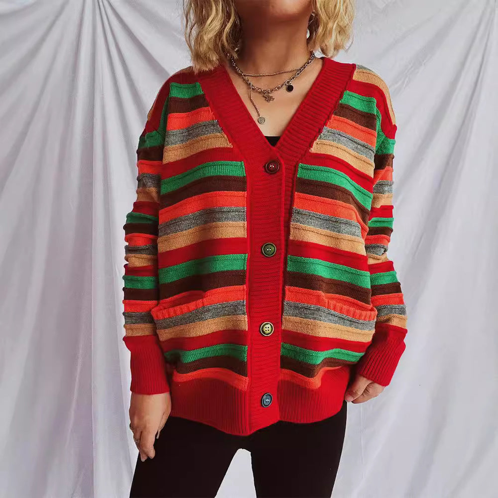 Damen Strickjacke mit buntem Streifenmuster und knöpfbarem Design Heidi-Mode